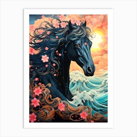 Black Horse In The Sea Art Print