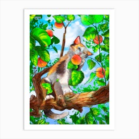 Calico cat eatinh a peach Art Print