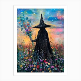 A Witch Watches the Sunrise Gathering Wildflowers | Colorful Witchcraft Painting | Summerween Summer Halloween Spooky Cute Wall Decor | Pagan Print Summer Solstice Litha in HD Art Print