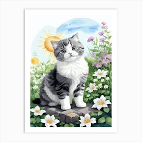 Cute Kitten And Flowers Watercolor 8 Art Print