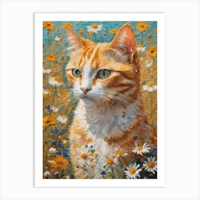 Klimt Style Ginger Tuxedo Orange Tabby Cat in Colorful Garden Flowers Meadow Gold Leaf Painting - Gustav Klimt and Monet Inspired Textured Acrylic Palette Knife Art Daisies Poppies Amongst Wildflowers Beautiful HD High Resolution Art Print