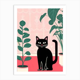 Black Cat With Plants Art Print