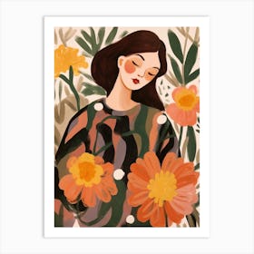Woman With Autumnal Flowers Peony 3 Art Print