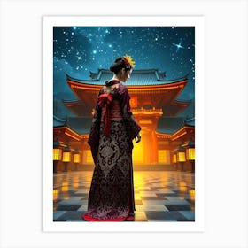 Geisha Woman In Kimono At Night Art Print