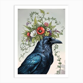 Crow botanical flower beauty 1 Art Print