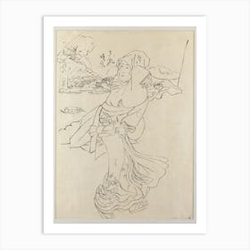 Framed Outline Preparatory Drawing Of A Woman Clutching Kimono Skirts Against Wind; Woman Is Walking With Body In Art Print