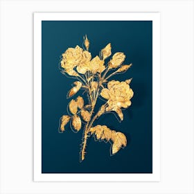 Vintage Vintage White Rose Botanical in Gold on Teal Blue n.0007 Art Print