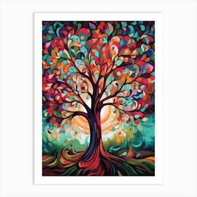 Oak Tree at Autumn Sunset, Abstract Vibrant Painting in Van Gogh Style Art Print