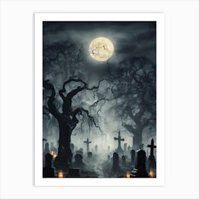 Scary Trees & Haunted Night Scene, Halloween Decor Art Print