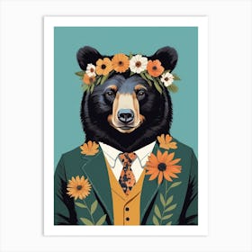 Floral Black Bear Portrait In A Suit (3) Art Print