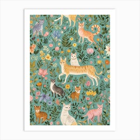 Whimsical Cats In The Garden Art Print