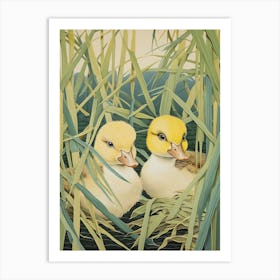 Ducklings In The Leaves Japanese Woodblock Style 4 Art Print