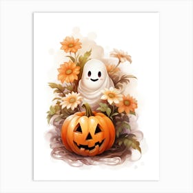 Cute Ghost With Pumpkins Halloween Watercolour 91 Art Print