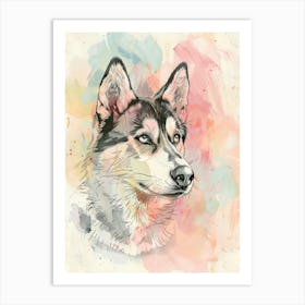 Husky Dog Pastel Line Watercolour Illustration  4 Art Print