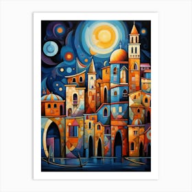 City of Venice at Night, Vibrant Colorful Abstract Painting in Cubism Style Art Print