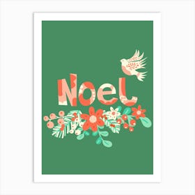 Noel Folk Art Christmas Dove and Winter Florals on Green Art Print