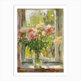 Peony Flowers On A Cottage Window 2 Art Print