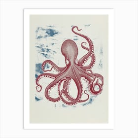 Octopus In The Ocean With Coral Linocut Inspired 2 Art Print