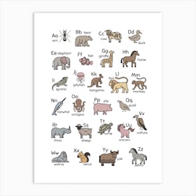 A-Z Animal Alphabet Learning Pastel Nursery Art Print