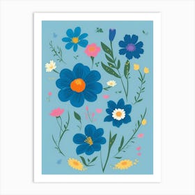 Beautiful Flowers Illustration Vertical Composition In Blue Tone 2 Art Print