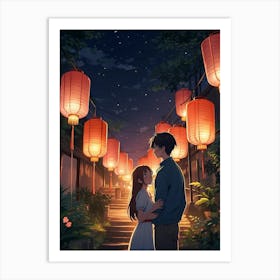 Anime Couple With Lanterns Art Print