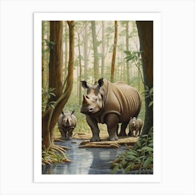Rhino With Baby Rhinos By The Lake Art Print