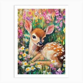 Young Deer In Wild Landscape With Spring Or Summer Colorful Flowers Art Print