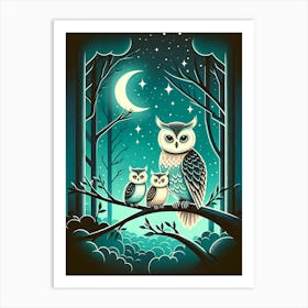 Magical Owl Family Art Deco  Art Print