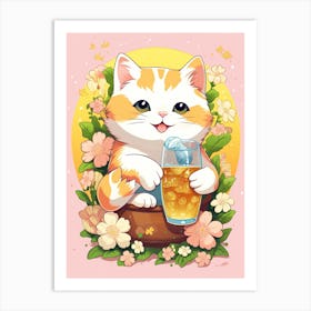 Kawaii Cat Drawings Drinking Tea 4 Art Print