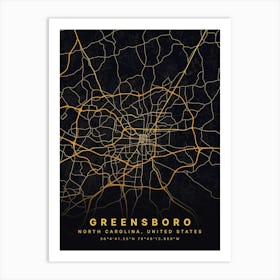 Greensboro North Carolina USA Black And Gold Map Art Print