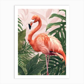 American Flamingo And Philodendrons Minimalist Illustration 2 Art Print