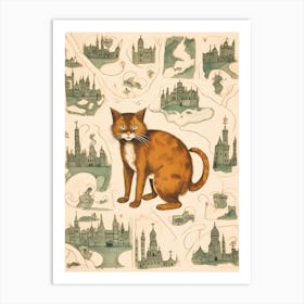 Tabby Cat With Castle Map Art Print