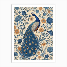 Floral Blue & Brown Peacock Art Print