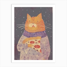 Happy Orange Cat Pizza Lover Folk Illustration 2 Art Print