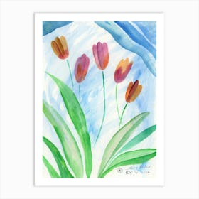 Spring Tulips - watercolor painting floral art vertical hand painted living room bedroom blue green Art Print