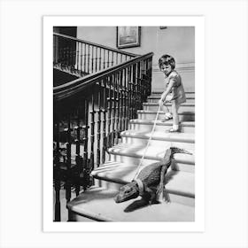 Girl Walking Baby Alligator, Vintage Black and White Old Photo Art Print