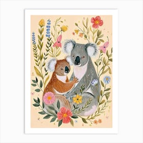 Folksy Floral Animal Drawing Koala 3 Art Print