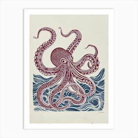 Red & Navy Blue Octopus In The Ocean Linocut Inspired 5 Art Print
