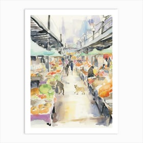 Food Market With Cats In Tokyo 2 Watercolour Art Print