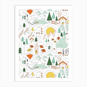 Hiking Through the Wildness Multicolor Summer Camp on White Art Print