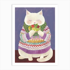 White Cat Salad Lover Folk Illustration 5 Art Print