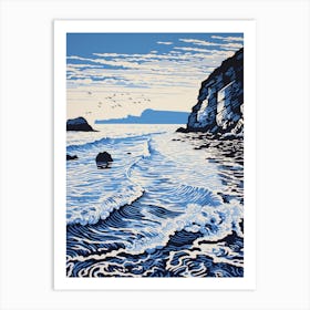 Linocut Of Blackpool Sands Devon 3 Affiche