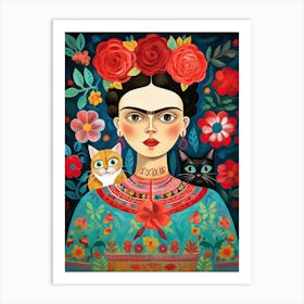 Frida Kahlo Orange Black Cats Mexican Painting Botanical Floral Art Print