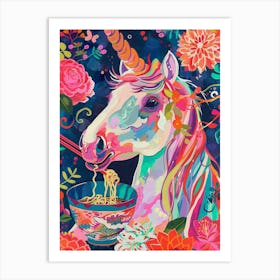 Unicorn Eating Ramen Floral Painting Art Print