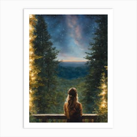 Dreaming of the Stars - A Beautiful Young Woman Leaning on the Porch Looking up at the Starry Night - Magical Dreamscape Watercolor Fir Trees Enchanting Milky Way Romantic Dreamer HD Art Print