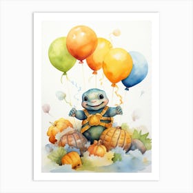 Turtle Flying With Autumn Fall Pumpkins And Balloons Watercolour Nursery 3 Art Print