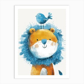 Small Joyful Lion With A Bird On Its Head 4 Art Print