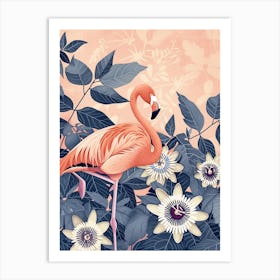 American Flamingo And Passionflowers Minimalist Illustration 4 Art Print