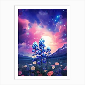 Blue Bonnet Wild Flower With Nothern Lights (1) Art Print