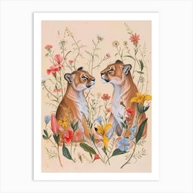 Folksy Floral Animal Drawing Cougar 2 Art Print